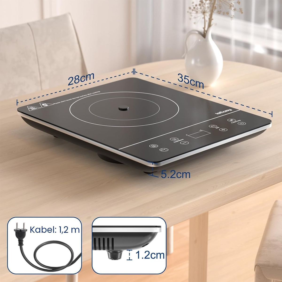 🍳 Plită Inducție Portabilă IsEasy, 2100 W, 9 Puteri, 9 Temperatură, Timer 8h, Child Lock, 28 cm, Negru