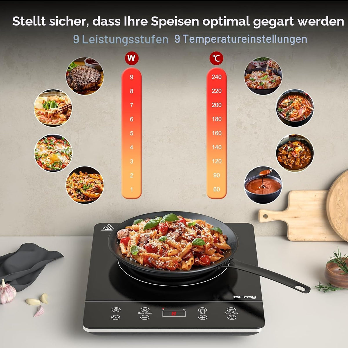 🍳 Plită Inducție Portabilă IsEasy, 2100 W, 9 Puteri, 9 Temperatură, Timer 8h, Child Lock, 28 cm, Negru