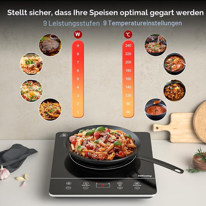 🍳 Plită Inducție Portabilă IsEasy, 2100 W, 9 Puteri, 9 Temperatură, Timer 8h, Child Lock, 28 cm, Negru
