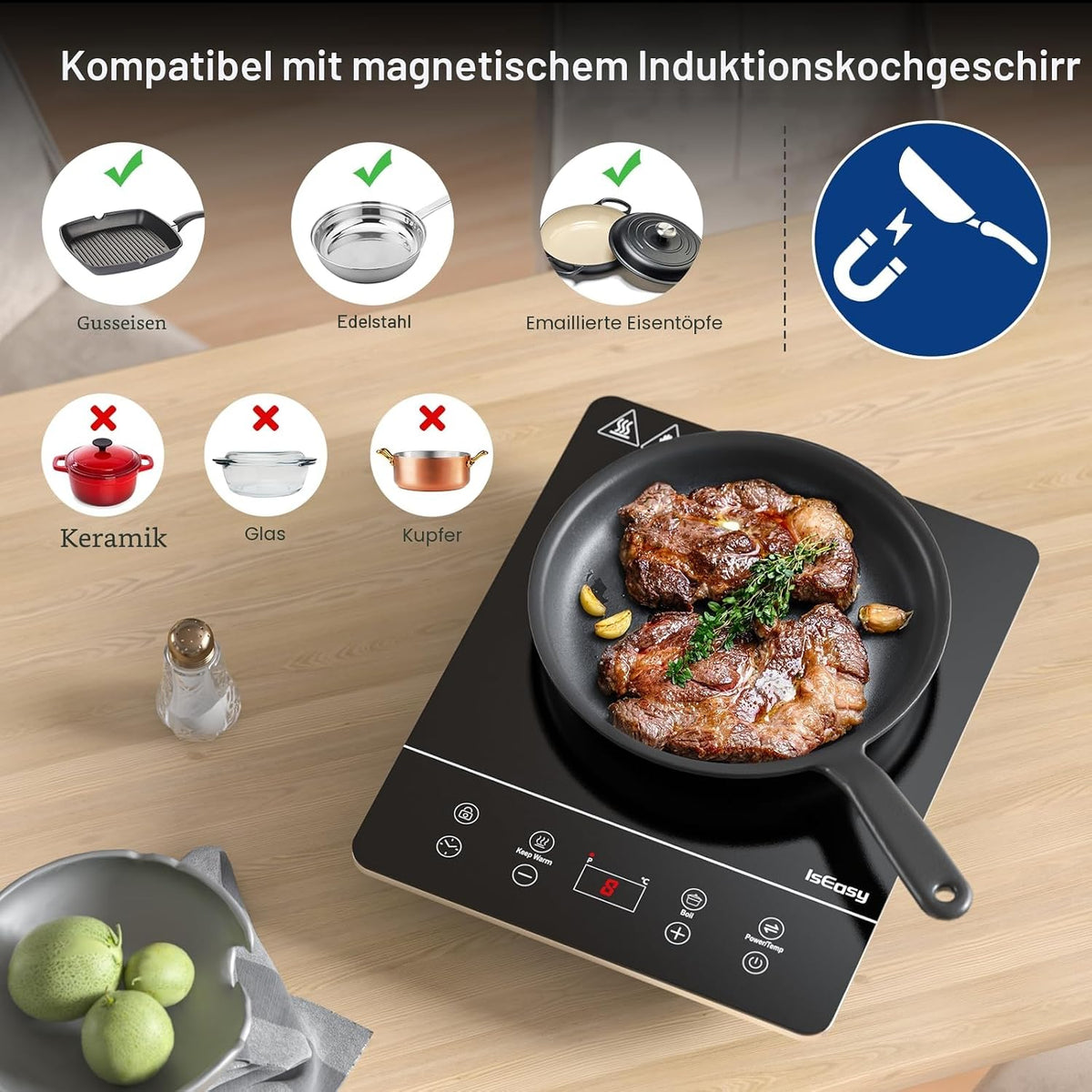 🍳 Plită Inducție Portabilă IsEasy, 2100 W, 9 Puteri, 9 Temperatură, Timer 8h, Child Lock, 28 cm, Negru
