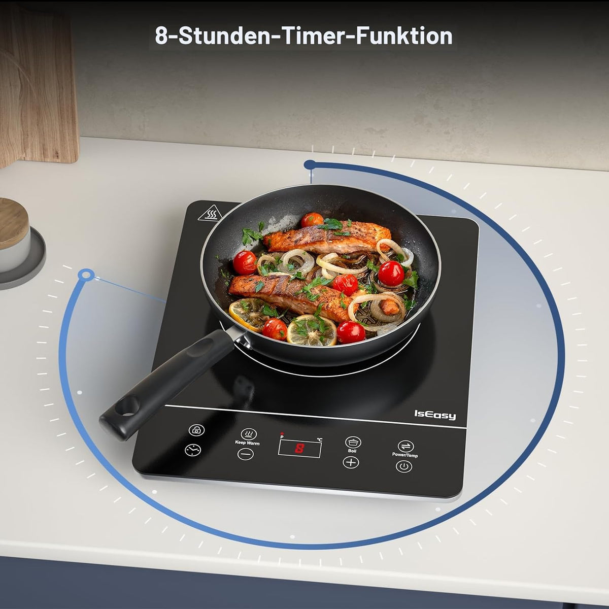 🍳 Plită Inducție Portabilă IsEasy, 2100 W, 9 Puteri, 9 Temperatură, Timer 8h, Child Lock, 28 cm, Negru