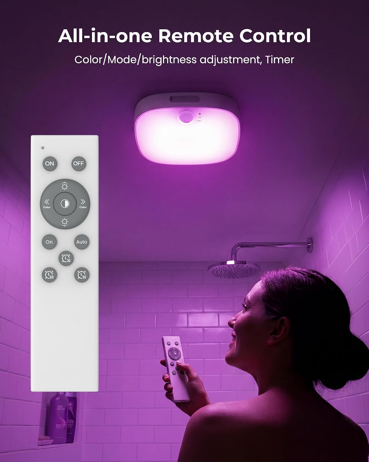 🚿 Lampă LED pentru Duș FULEN, IP65 Waterproof, Senzor Mișcare, 10000mAh, RGB, Remote Control