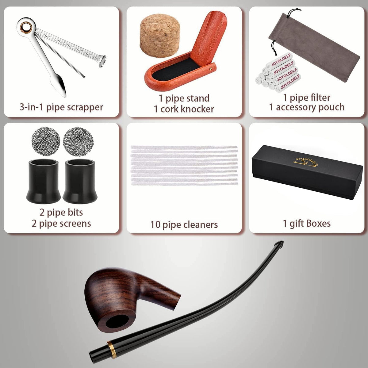 🚬 Pipa Churchwarden Joyoldelf, Lemn de Abanos, Handmade, Set Complet pentru Începători