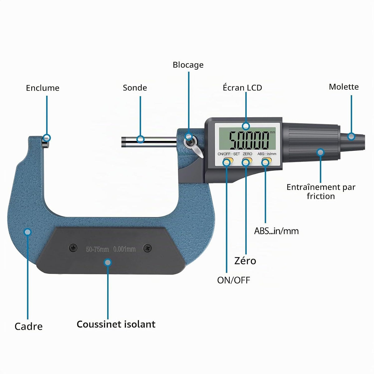 📏 Micrometru Digital AUTOUTLET 50–75mm, 0.001mm, LCD, Precizie Ridicată, ABS + Oțel Inoxidabil