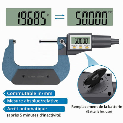📏 Micrometru Digital AUTOUTLET 50–75mm, 0.001mm, LCD, Precizie Ridicată, ABS + Oțel Inoxidabil