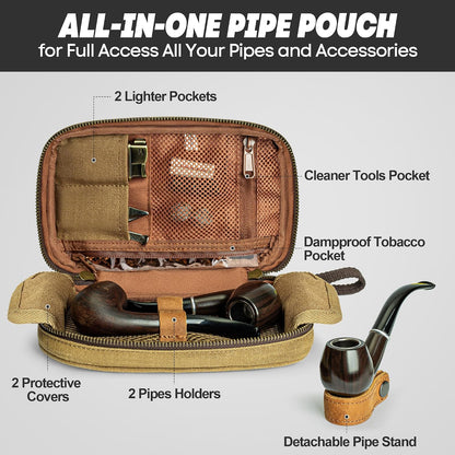 Toc Pipe din Material Cerat – Odour‑Proof, 2 Compartimente Pipe, Suport din Piele, Buzunare Accesorii, Travel Bag – Yarwo