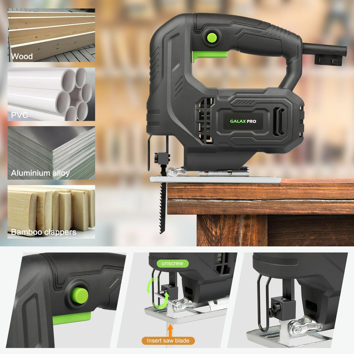 Fierăstrău Pendular 400W GALAX PRO – 3000 SPM, Tăiere ±45°, Viteză Reglabilă, Lame Lemn & Metal Incluse
