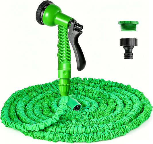 Furtun de Grădină Extensibil 30 m (100ft) – 8 Funcții, Latex Dublu, Anti‑Scurgeri, Conectori 1/2” & 3/4”, Retractabil