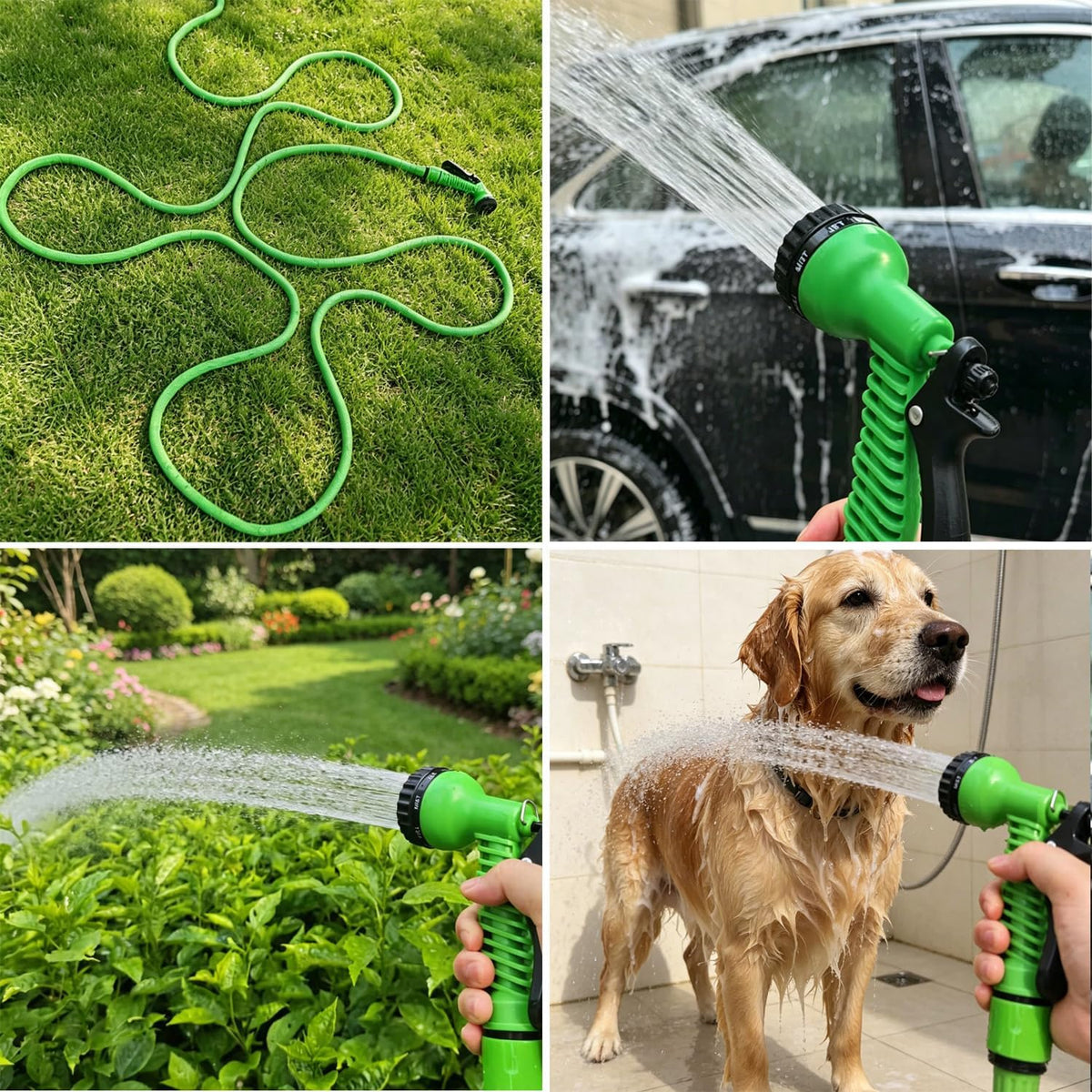 Furtun de Grădină Extensibil 30 m (100ft) – 8 Funcții, Latex Dublu, Anti‑Scurgeri, Conectori 1/2” & 3/4”, Retractabil