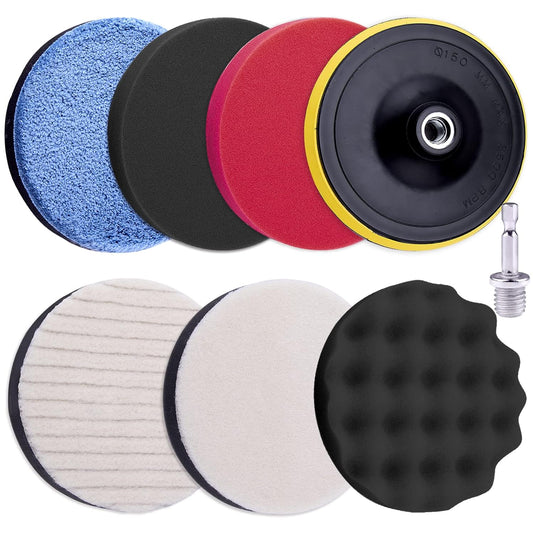 Set 8 Bureți Polish Auto 180 mm – Spumă + Lână, Pad Velcro, Adaptor M14 pentru Bormașină – SIQUK