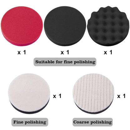 Set 8 Bureți Polish Auto 180 mm – Spumă + Lână, Pad Velcro, Adaptor M14 pentru Bormașină – SIQUK