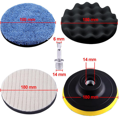 Set 8 Bureți Polish Auto 180 mm – Spumă + Lână, Pad Velcro, Adaptor M14 pentru Bormașină – SIQUK