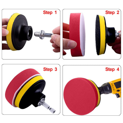 Set 8 Bureți Polish Auto 180 mm – Spumă + Lână, Pad Velcro, Adaptor M14 pentru Bormașină – SIQUK