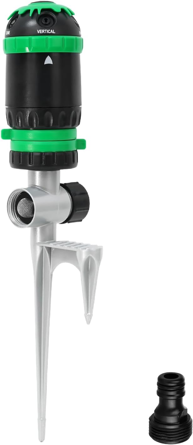 Aspersor Rotativ 5‑în‑1 cu Bază Metalică – 24,4 m Diametru Udare, 466 m² Acoperire, 5 Moduri Spray, Sistem Extensibil – RESTMO