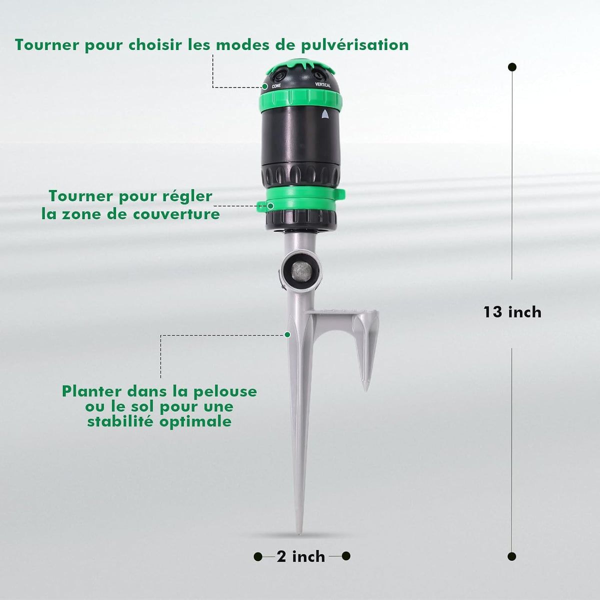 Aspersor Rotativ 5‑în‑1 cu Bază Metalică – 24,4 m Diametru Udare, 466 m² Acoperire, 5 Moduri Spray, Sistem Extensibil – RESTMO