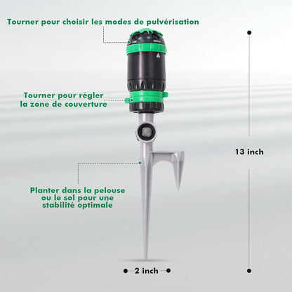 Aspersor Rotativ 5‑în‑1 cu Bază Metalică – 24,4 m Diametru Udare, 466 m² Acoperire, 5 Moduri Spray, Sistem Extensibil – RESTMO