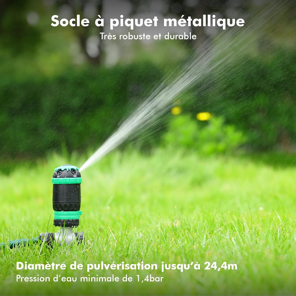 Aspersor Rotativ 5‑în‑1 cu Bază Metalică – 24,4 m Diametru Udare, 466 m² Acoperire, 5 Moduri Spray, Sistem Extensibil – RESTMO