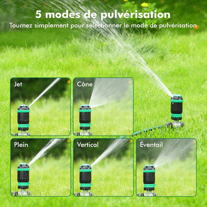 Aspersor Rotativ 5‑în‑1 cu Bază Metalică – 24,4 m Diametru Udare, 466 m² Acoperire, 5 Moduri Spray, Sistem Extensibil – RESTMO
