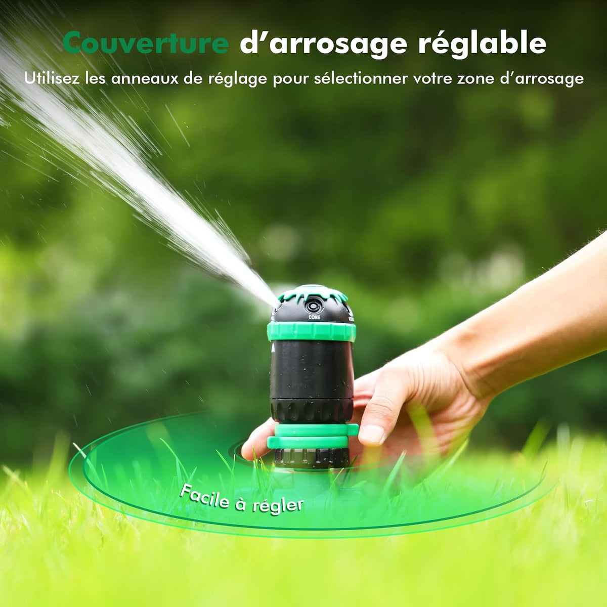 Aspersor Rotativ 5‑în‑1 cu Bază Metalică – 24,4 m Diametru Udare, 466 m² Acoperire, 5 Moduri Spray, Sistem Extensibil – RESTMO