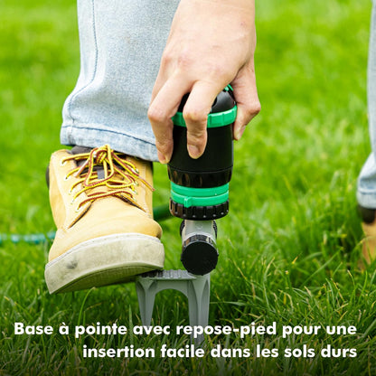 Aspersor Rotativ 5‑în‑1 cu Bază Metalică – 24,4 m Diametru Udare, 466 m² Acoperire, 5 Moduri Spray, Sistem Extensibil – RESTMO