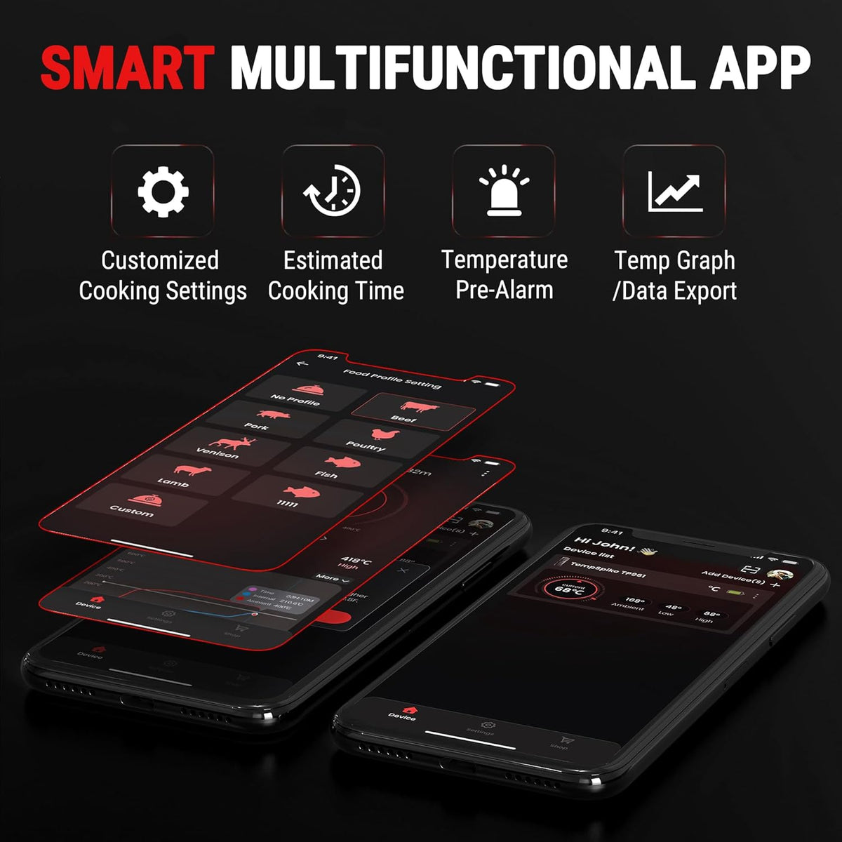 Termometru Wireless pentru Carne 150 m – Bluetooth 5.2, Fără Cabluri, 2 Senzori, Alarmă, App Control, Cuptor/Grătar/Smoker – TempPro 150M