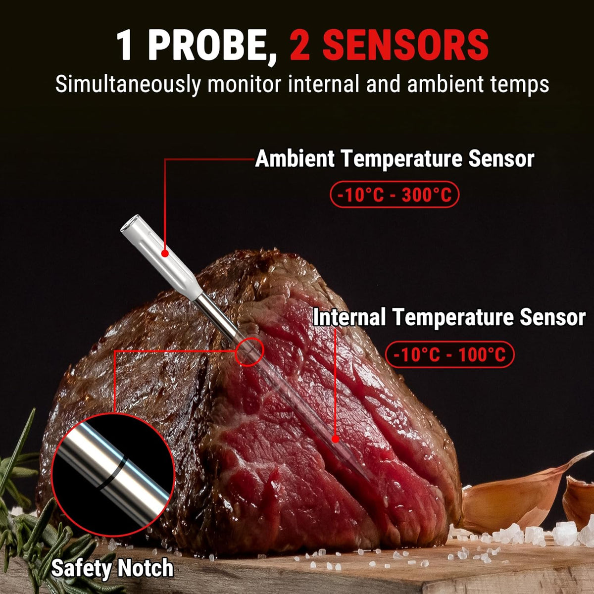 Termometru Wireless pentru Carne 150 m – Bluetooth 5.2, Fără Cabluri, 2 Senzori, Alarmă, App Control, Cuptor/Grătar/Smoker – TempPro 150M