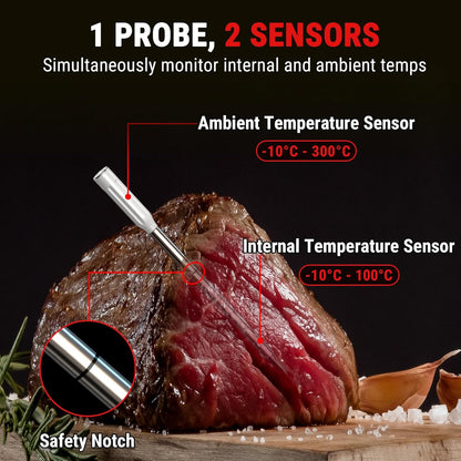 Termometru Wireless pentru Carne 150 m – Bluetooth 5.2, Fără Cabluri, 2 Senzori, Alarmă, App Control, Cuptor/Grătar/Smoker – TempPro 150M