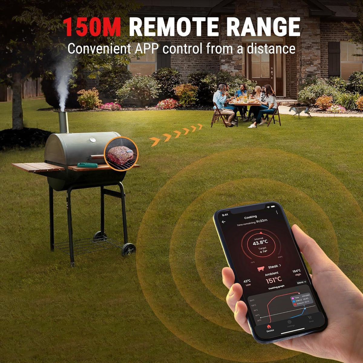 Termometru Wireless pentru Carne 150 m – Bluetooth 5.2, Fără Cabluri, 2 Senzori, Alarmă, App Control, Cuptor/Grătar/Smoker – TempPro 150M