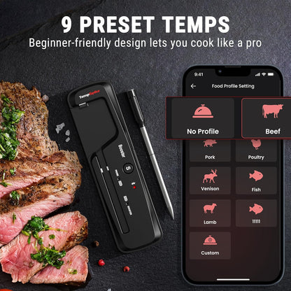 Termometru Wireless pentru Carne 150 m – Bluetooth 5.2, Fără Cabluri, 2 Senzori, Alarmă, App Control, Cuptor/Grătar/Smoker – TempPro 150M