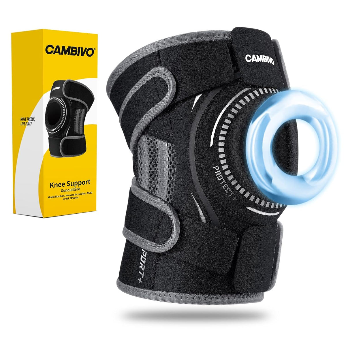 Orteză Genunchi cu Stabilizatori Laterali & Gel Patelar – Compresie, 360° Wrap, Ultraușoară 90 g, ACL/MCL/Artrită – CAMBIVO