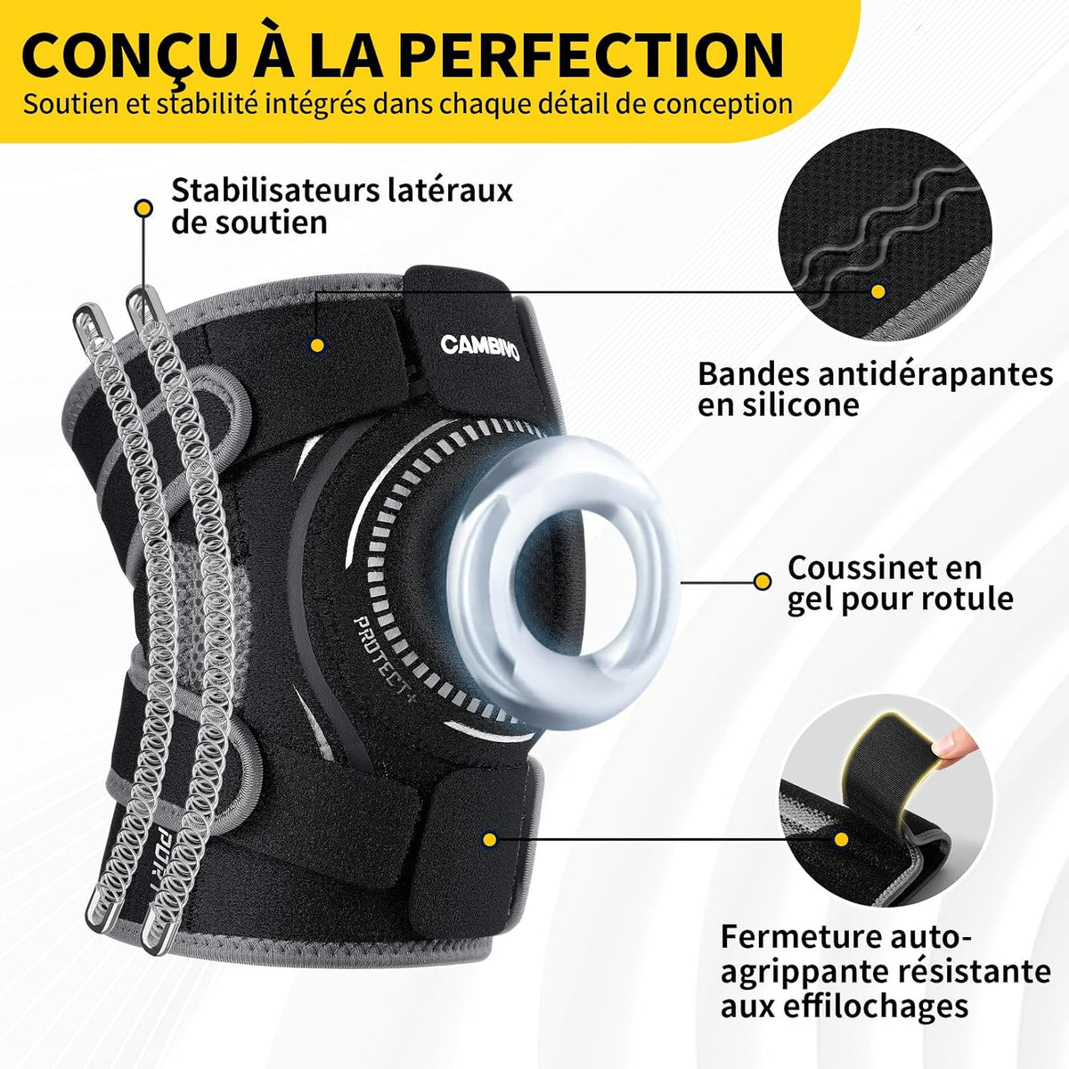 Orteză Genunchi cu Stabilizatori Laterali & Gel Patelar – Compresie, 360° Wrap, Ultraușoară 90 g, ACL/MCL/Artrită – CAMBIVO