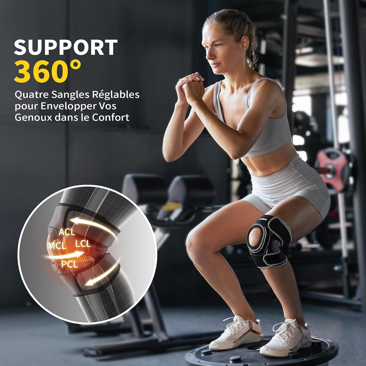 Orteză Genunchi cu Stabilizatori Laterali & Gel Patelar – Compresie, 360° Wrap, Ultraușoară 90 g, ACL/MCL/Artrită – CAMBIVO