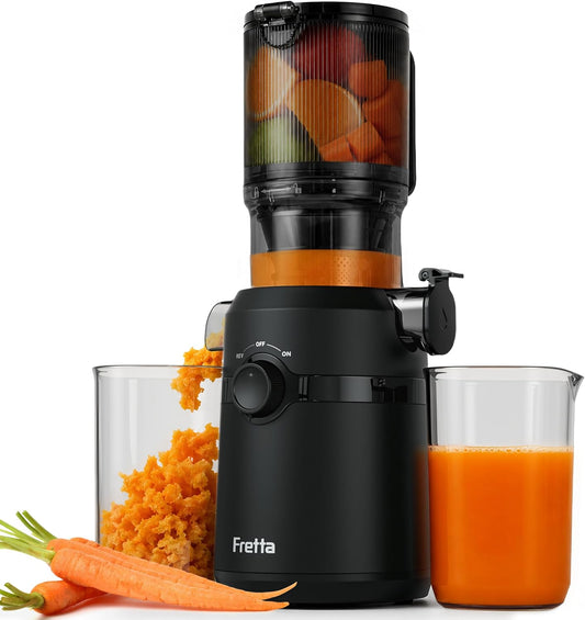 Storcător Slow Juicer 200W – Tub XL 108 mm, 1L, Tritan BPA‑Free, Motor Silențios, Triple‑Filter, Reverse – Fretta