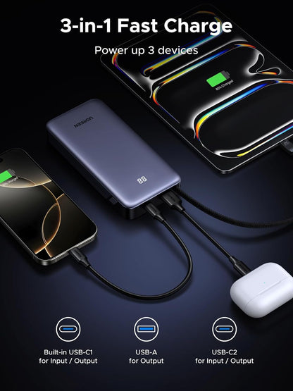 Power Bank 20000mAh 45W Fast Charging – Cablu USB‑C Integrat, 3 Ieșiri, LED Display, Super Fast Charging – UGREEN Nexode