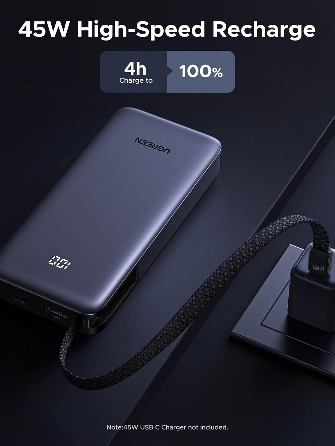 Power Bank 20000mAh 45W Fast Charging – Cablu USB‑C Integrat, 3 Ieșiri, LED Display, Super Fast Charging – UGREEN Nexode