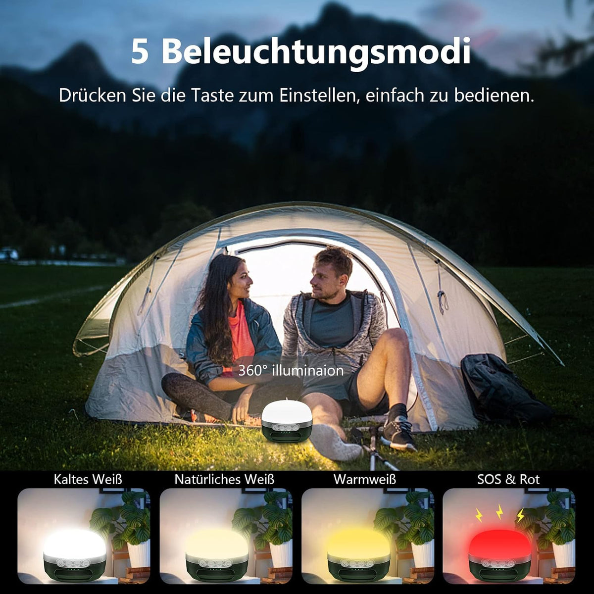 Lanternă LED Camping RGB, Baterie 8400mAh, Reîncărcabilă USB-C, Dimmer Continuu, Magnet Puternic, Impermeabilă