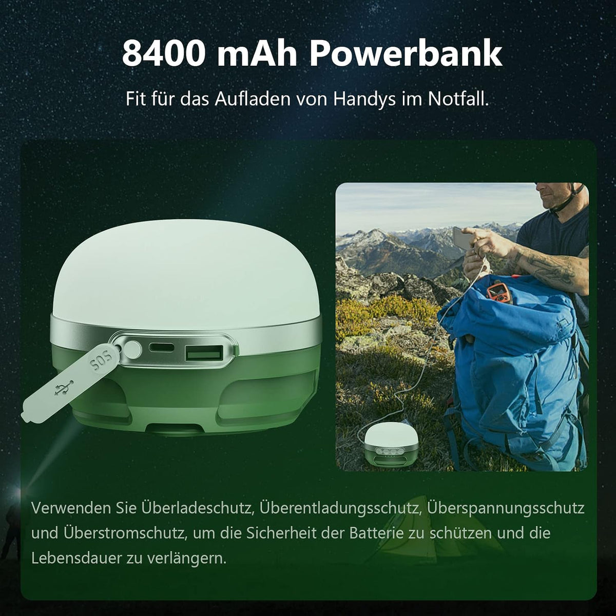 Lanternă LED Camping RGB, Baterie 8400mAh, Reîncărcabilă USB-C, Dimmer Continuu, Magnet Puternic, Impermeabilă