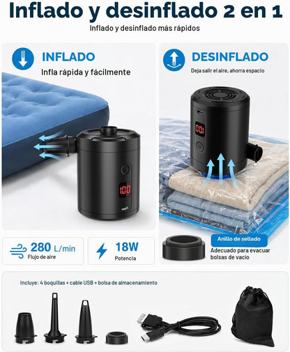 Mini Pompă Electrică Reîncărcabilă Lytool 5200mAh, Umflare și Dezumflare Rapidă, 3 Duze Incluse, USB, pentru Saltele, Piscine și Camping