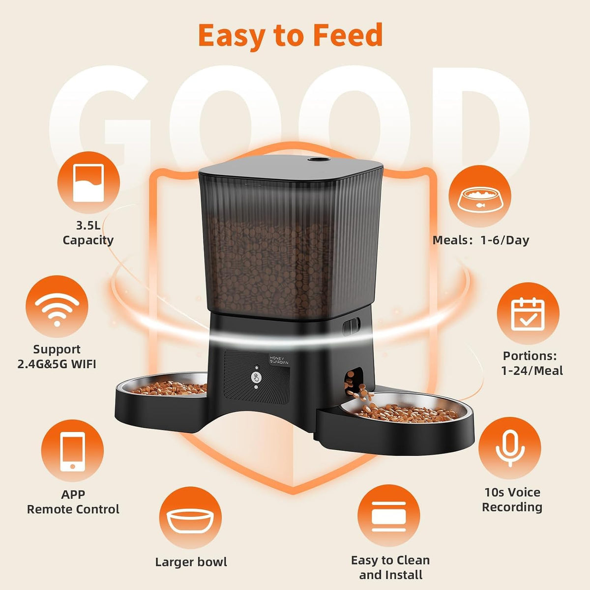 Hrănitor Automat Inteligent pentru Pisici și Câini, WiFi 5G/2.4G, 3.5L, 2 Boluri din Inox, Control prin Aplicație