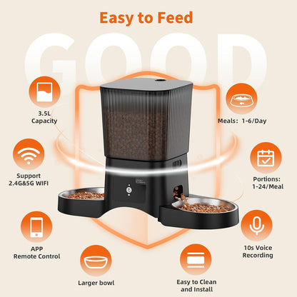 Hrănitor Automat Inteligent pentru Pisici și Câini, WiFi 5G/2.4G, 3.5L, 2 Boluri din Inox, Control prin Aplicație