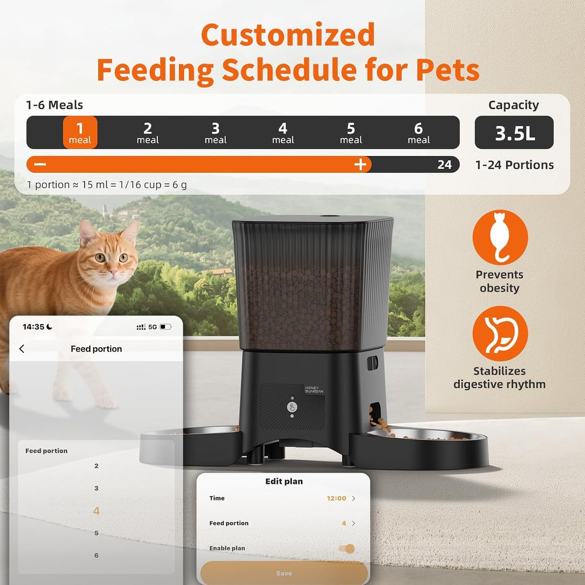 Hrănitor Automat Inteligent pentru Pisici și Câini, WiFi 5G/2.4G, 3.5L, 2 Boluri din Inox, Control prin Aplicație