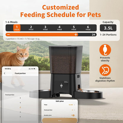 Hrănitor Automat Inteligent pentru Pisici și Câini, WiFi 5G/2.4G, 3.5L, 2 Boluri din Inox, Control prin Aplicație
