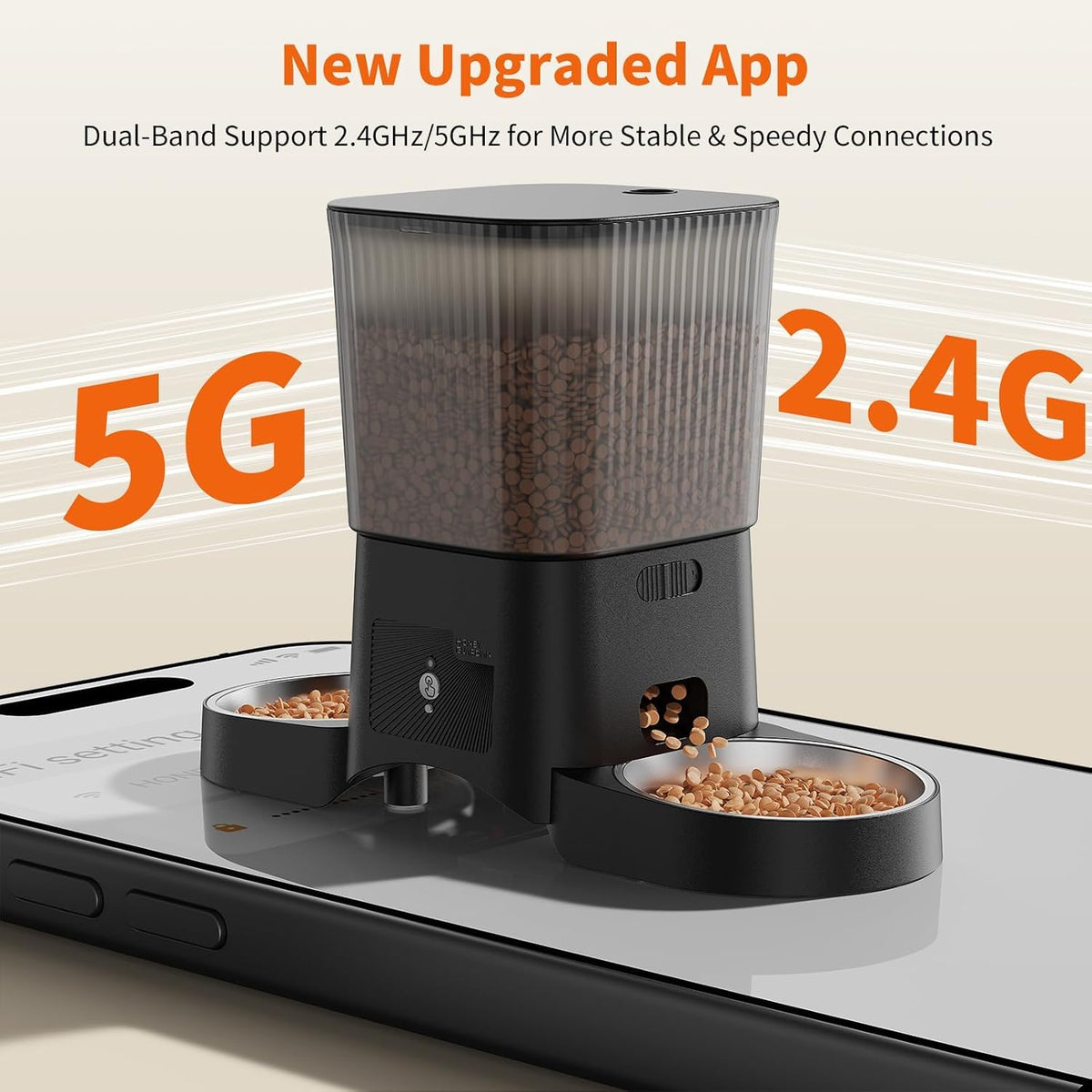Hrănitor Automat Inteligent pentru Pisici și Câini, WiFi 5G/2.4G, 3.5L, 2 Boluri din Inox, Control prin Aplicație