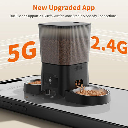 Hrănitor Automat Inteligent pentru Pisici și Câini, WiFi 5G/2.4G, 3.5L, 2 Boluri din Inox, Control prin Aplicație