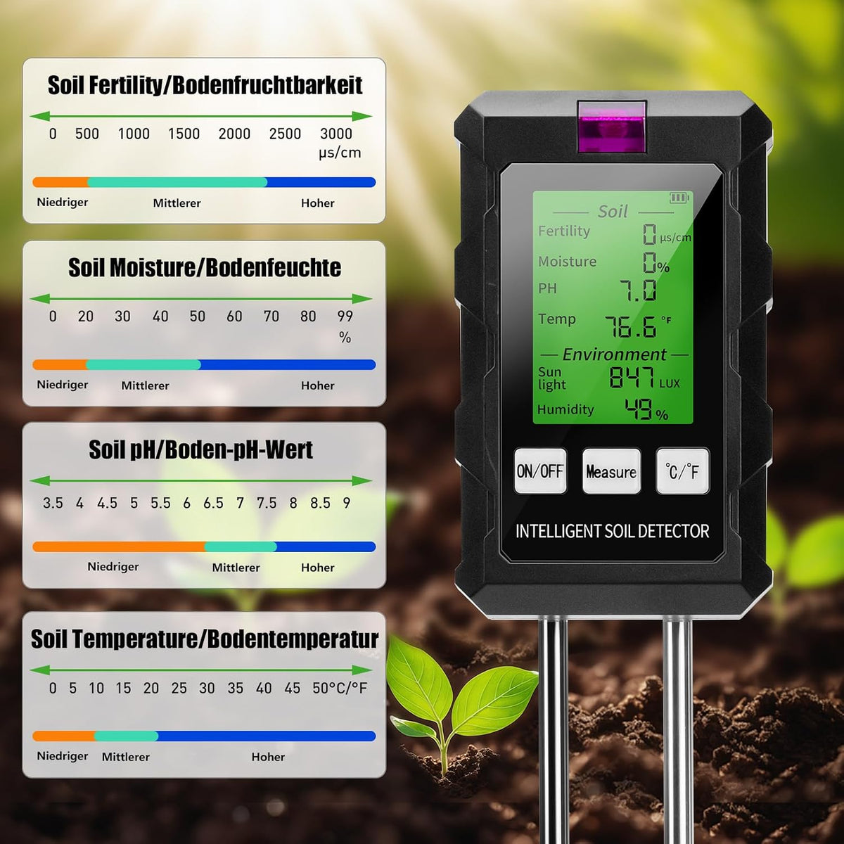 Sonda Profesionala Sol 6 în 1 pentru Plante, pH, Umiditate, Temperatură, Fertilitate, Luminozitate și Umiditate Ambientală