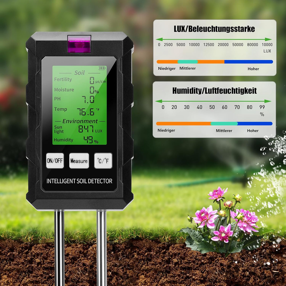 Sonda Profesionala Sol 6 în 1 pentru Plante, pH, Umiditate, Temperatură, Fertilitate, Luminozitate și Umiditate Ambientală