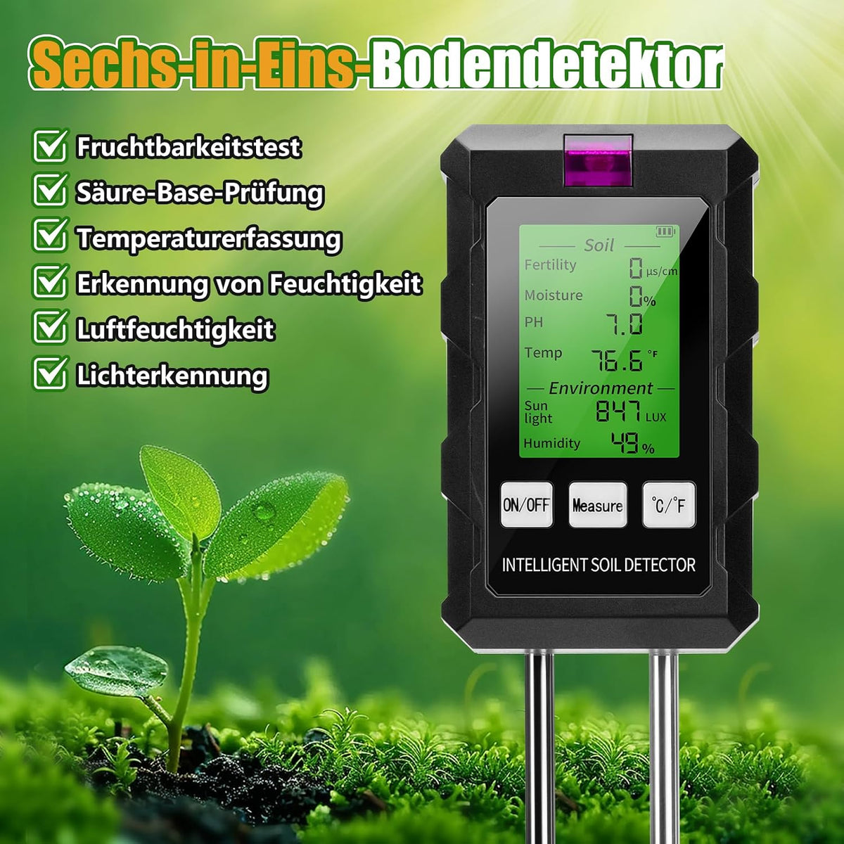 Sonda Profesionala Sol 6 în 1 pentru Plante, pH, Umiditate, Temperatură, Fertilitate, Luminozitate și Umiditate Ambientală