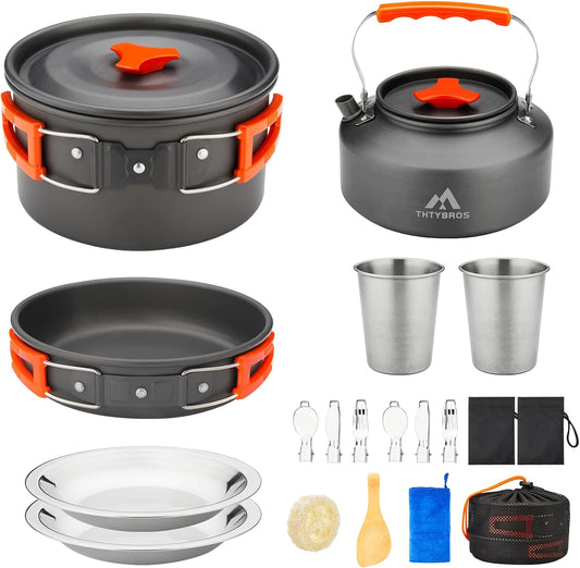 Set Veselă și Gătit pentru Camping 17 Piese, Aluminiu Anodizat Dur, pentru 2 Persoane, cu Oală, Tigaie, Fierbător, Tacâmuri și Geantă de Transport