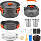 Set Veselă și Gătit pentru Camping 17 Piese, Aluminiu Anodizat Dur, pentru 2 Persoane, cu Oală, Tigaie, Fierbător, Tacâmuri și Geantă de Transport