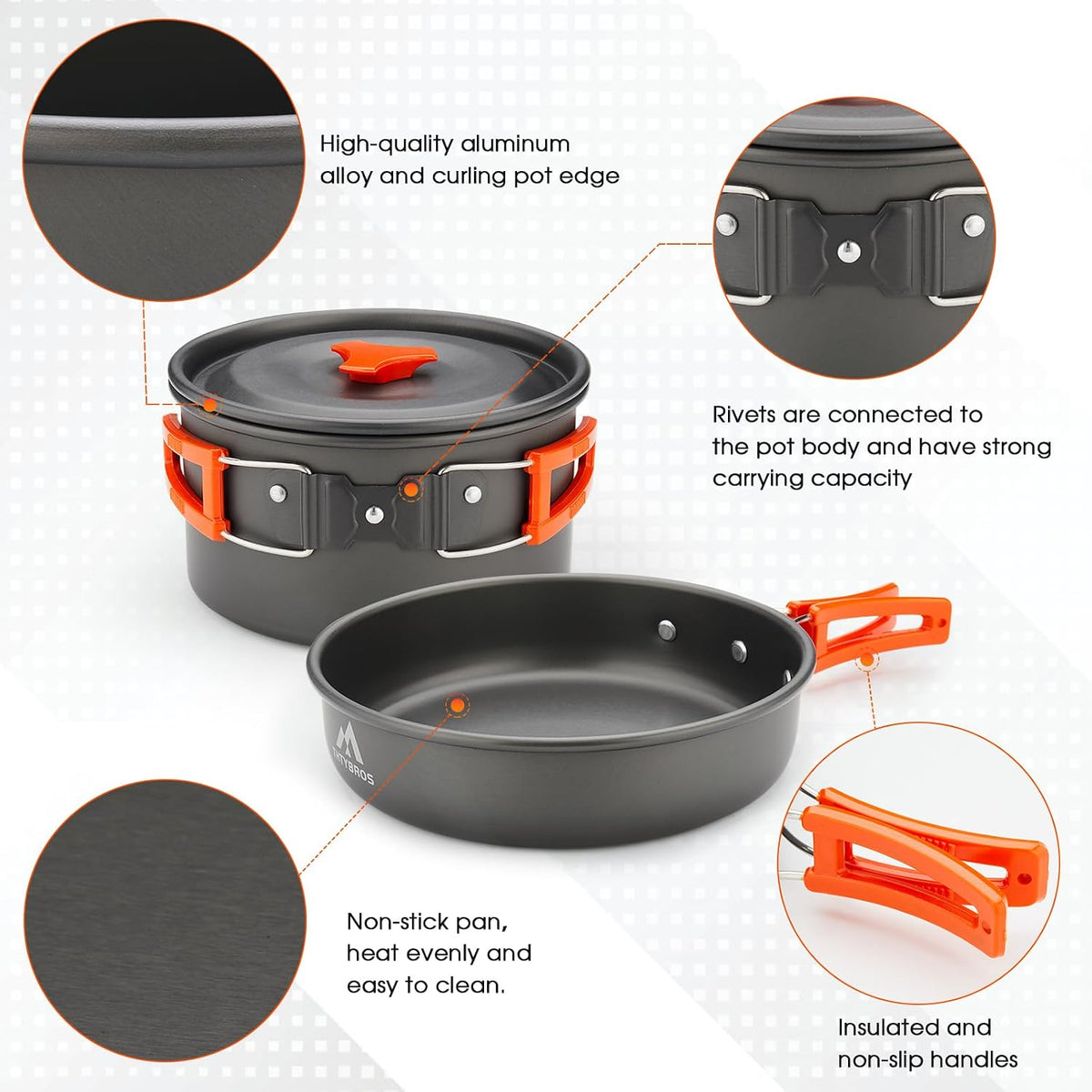 Set Veselă și Gătit pentru Camping 17 Piese, Aluminiu Anodizat Dur, pentru 2 Persoane, cu Oală, Tigaie, Fierbător, Tacâmuri și Geantă de Transport
